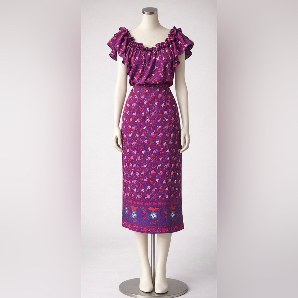 Vintage Christian Dior Silk Floral Dress Purple Ruffle Neck Midi 90s US 8